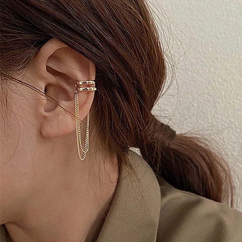 Silver Crystal Tassel Ear Cuff – Rhinestone Chain Non-Piercing Clip Earrings