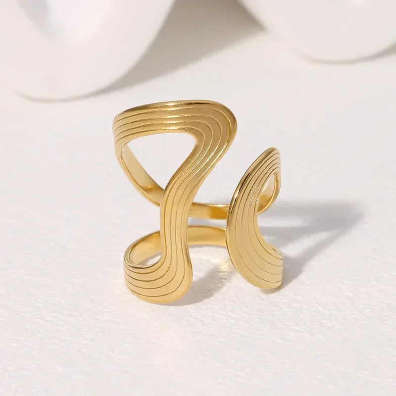Stainless Steel Wave Open Ring – Gold