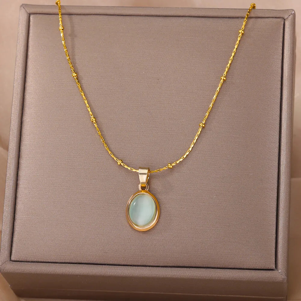 Fashion Opal Oval Pendant Necklace – Stainless Steel
