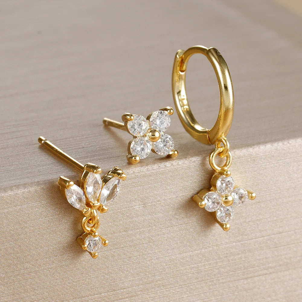 3PCS Zircon Flower Dangle Earrings Set – Stainless Steel