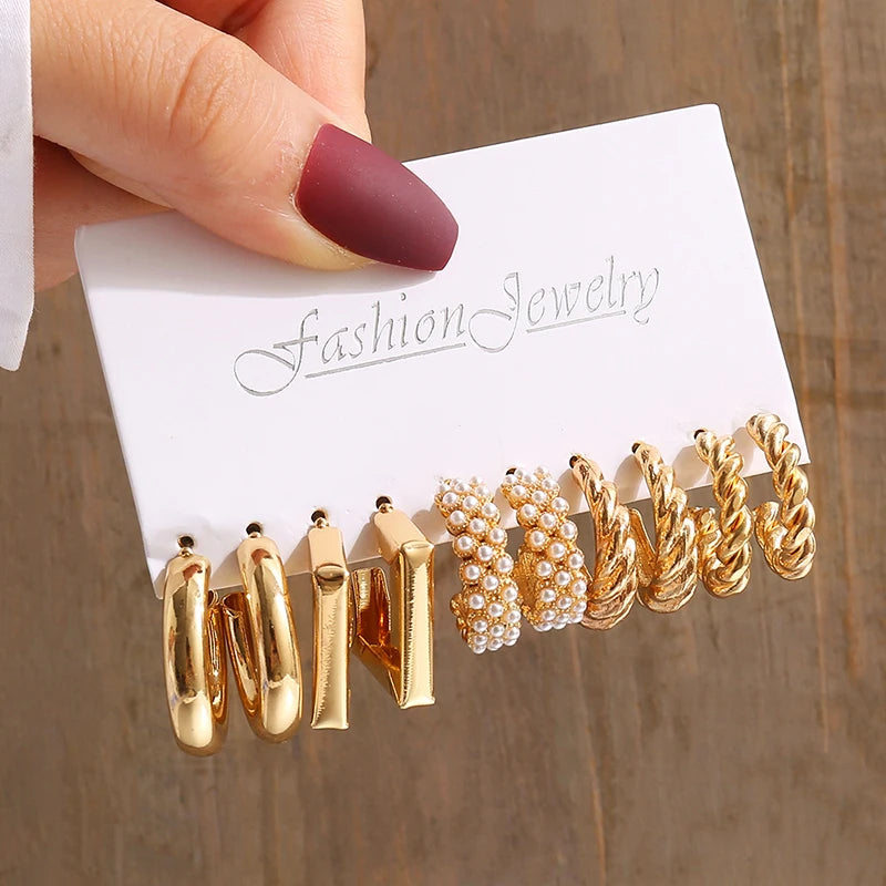 Gold Vintage Geometric Pearl Earrings Set