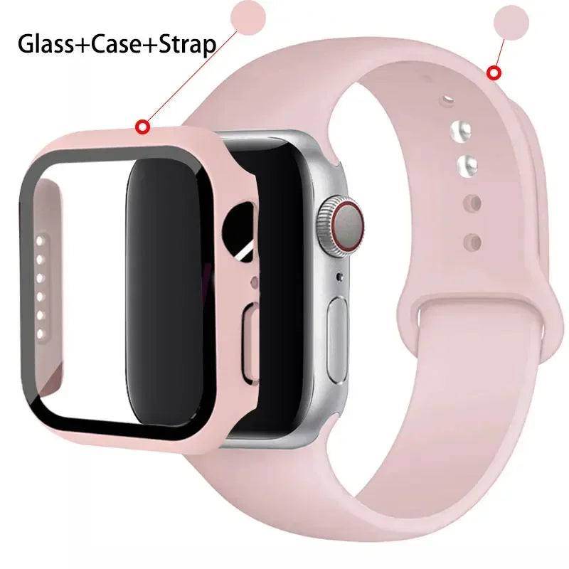 Glass + Case + Silicone Strap Set for Apple Watch 38mm–45mm