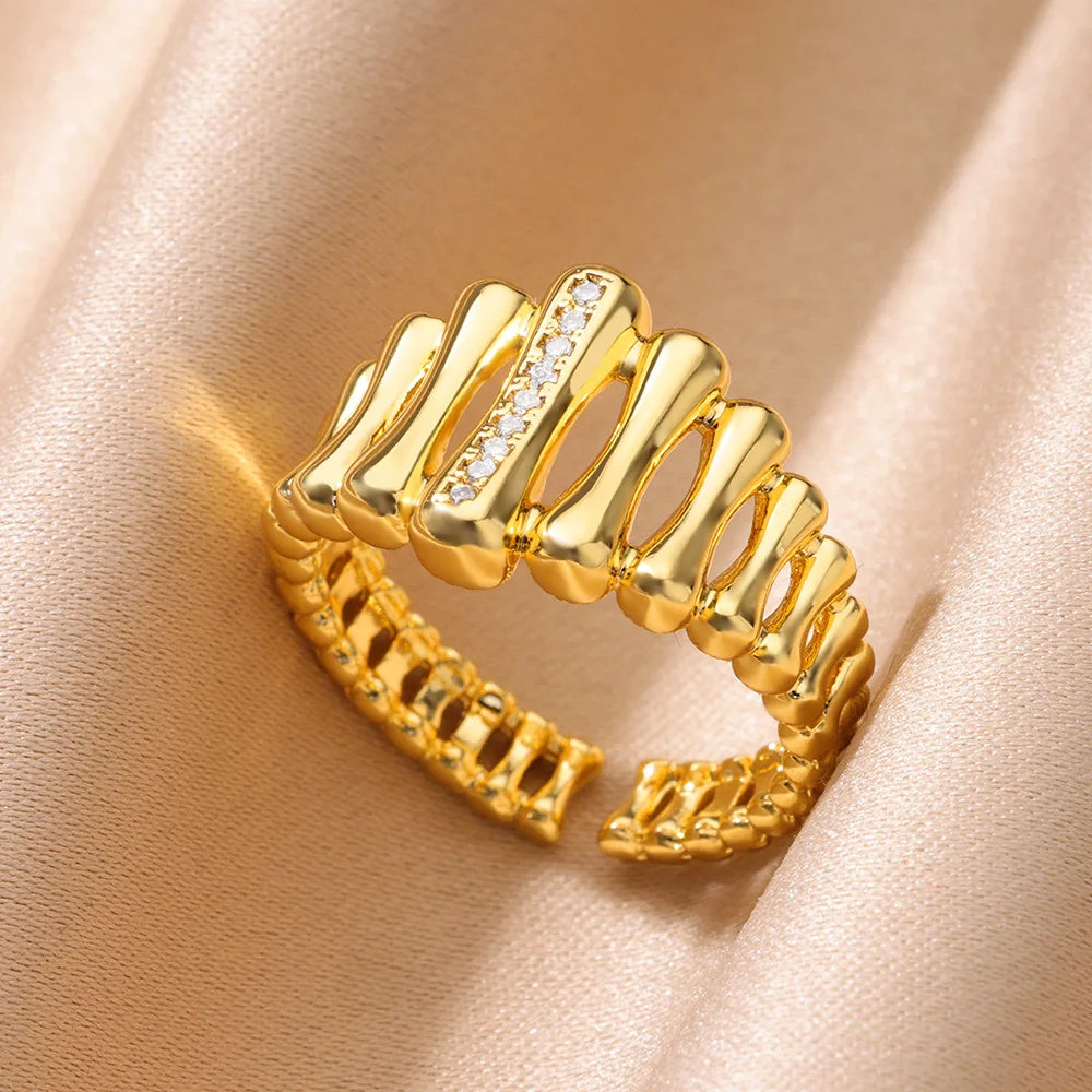 Zircon Crystal Geometric Adjustable Ring – Stainless Steel Gold