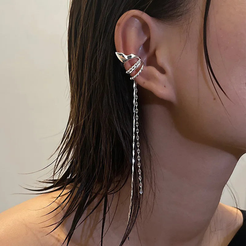 Silver Crystal Tassel Ear Cuff – Rhinestone Chain Non-Piercing Clip Earrings