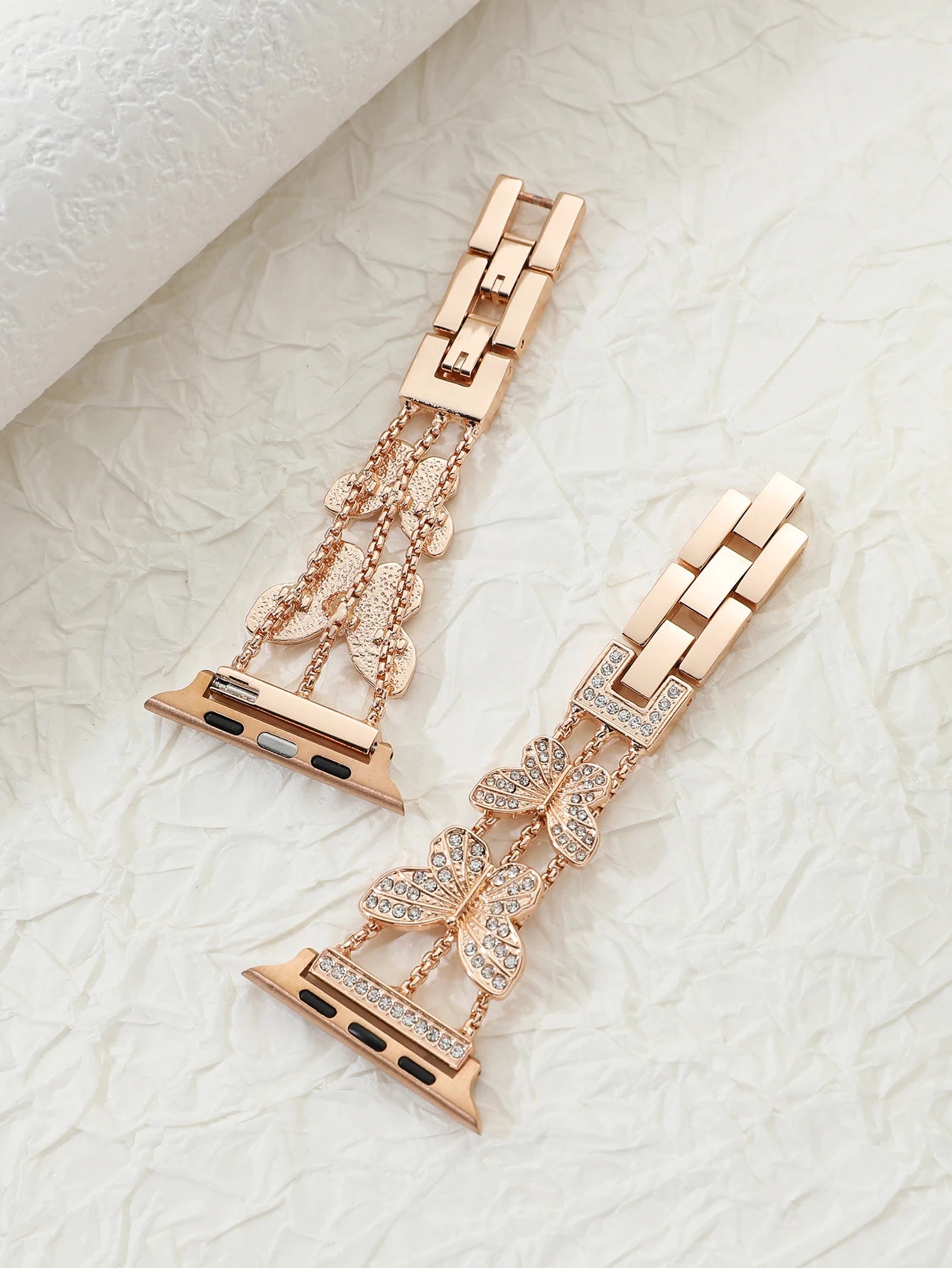 Shiny butterfly metal strap for Apple Watch with a stylish luxury look, fits multiple sizes and series.