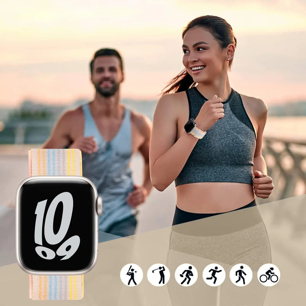 Nylon loop strap for Apple Watch, comfortable, adjustable, and compatible with multiple sizes and series.