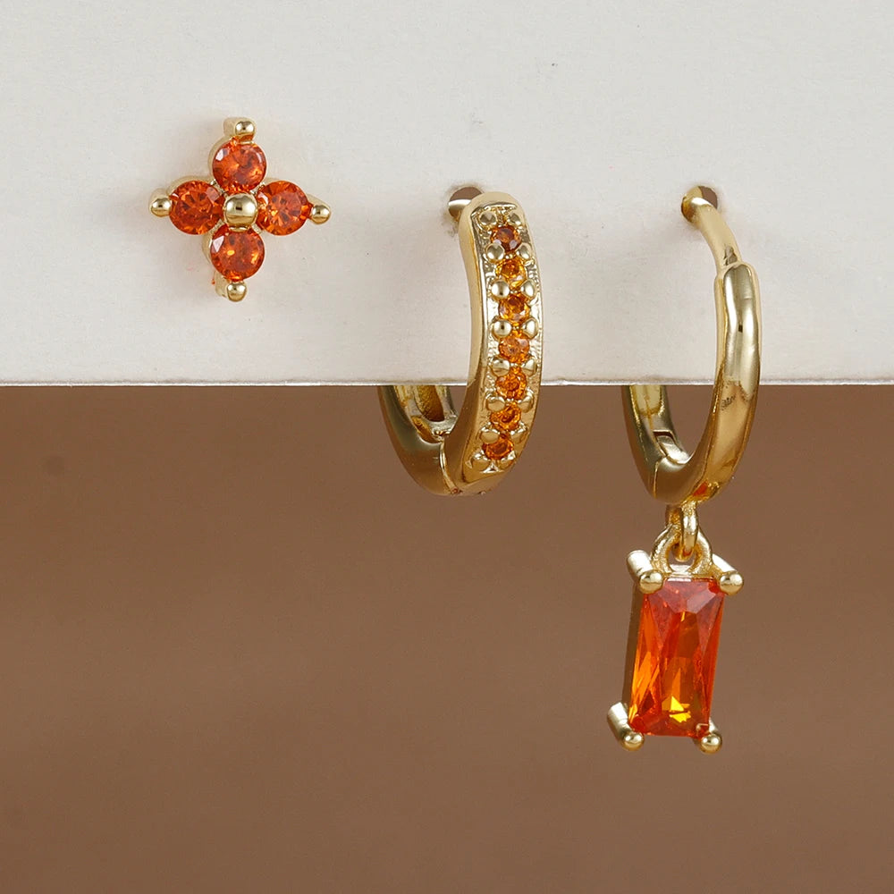 3PCS Zircon Flower Dangle Earrings Set – Stainless Steel