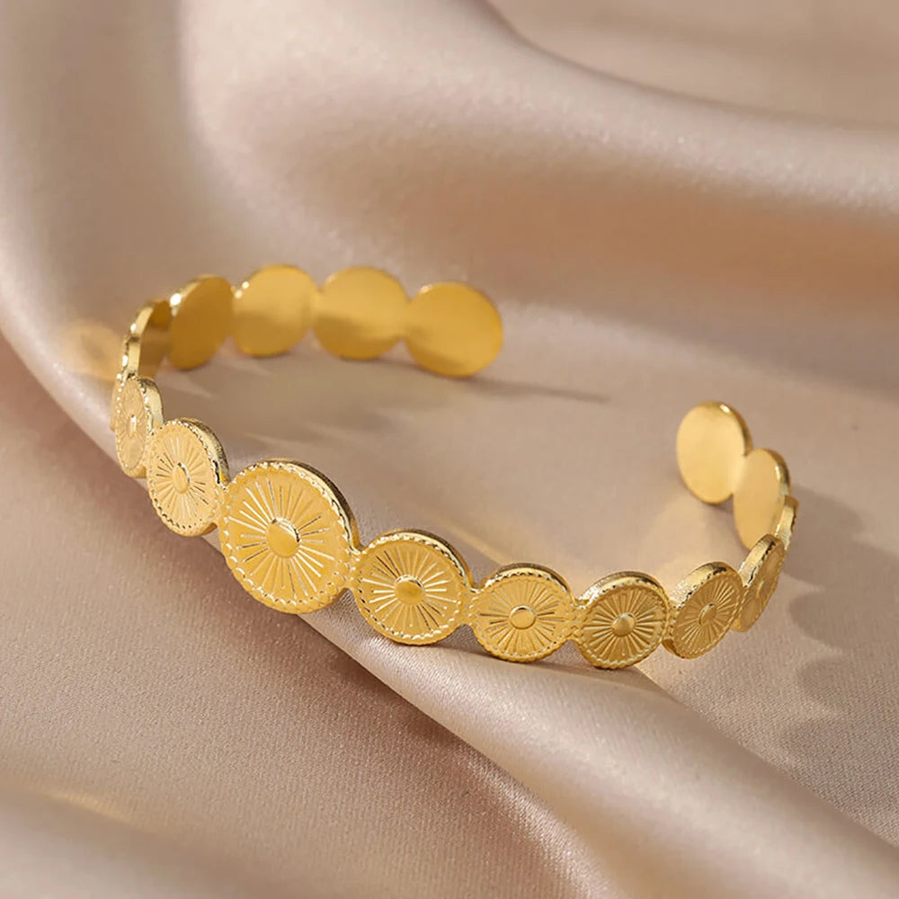 Luxury Gold Stainless Steel Wide Flower Cuff Bangle Bracelet