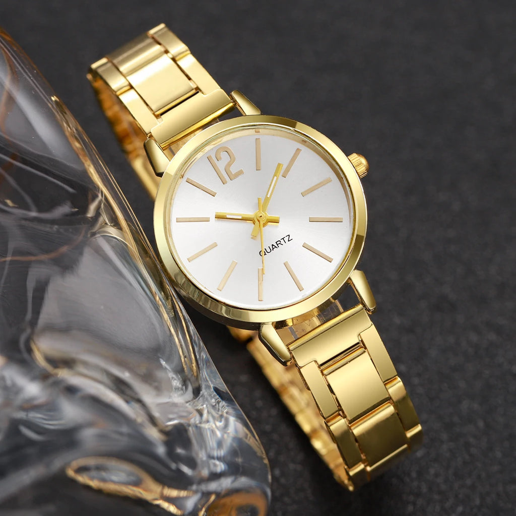 2PCS Women’s Fashion Quartz Watch Set – Gold Steel Band Cuff Bracelet Wristwatch