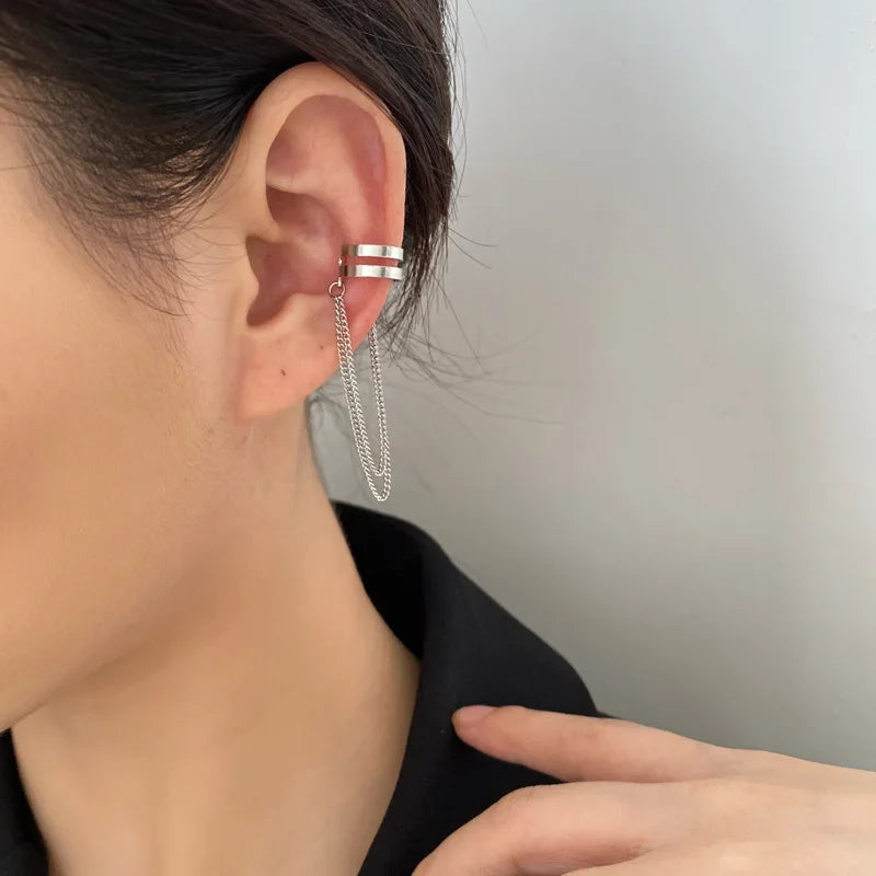 Silver Crystal Tassel Ear Cuff – Rhinestone Chain Non-Piercing Clip Earrings