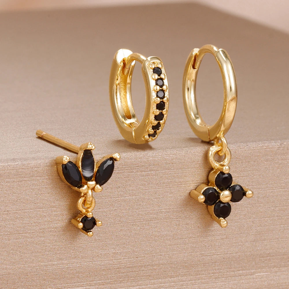 3PCS Zircon Flower Dangle Earrings Set – Stainless Steel
