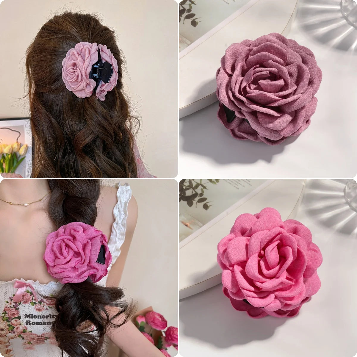 16 Colors Cotton Fabric Rose Flower Hair Claw Clips