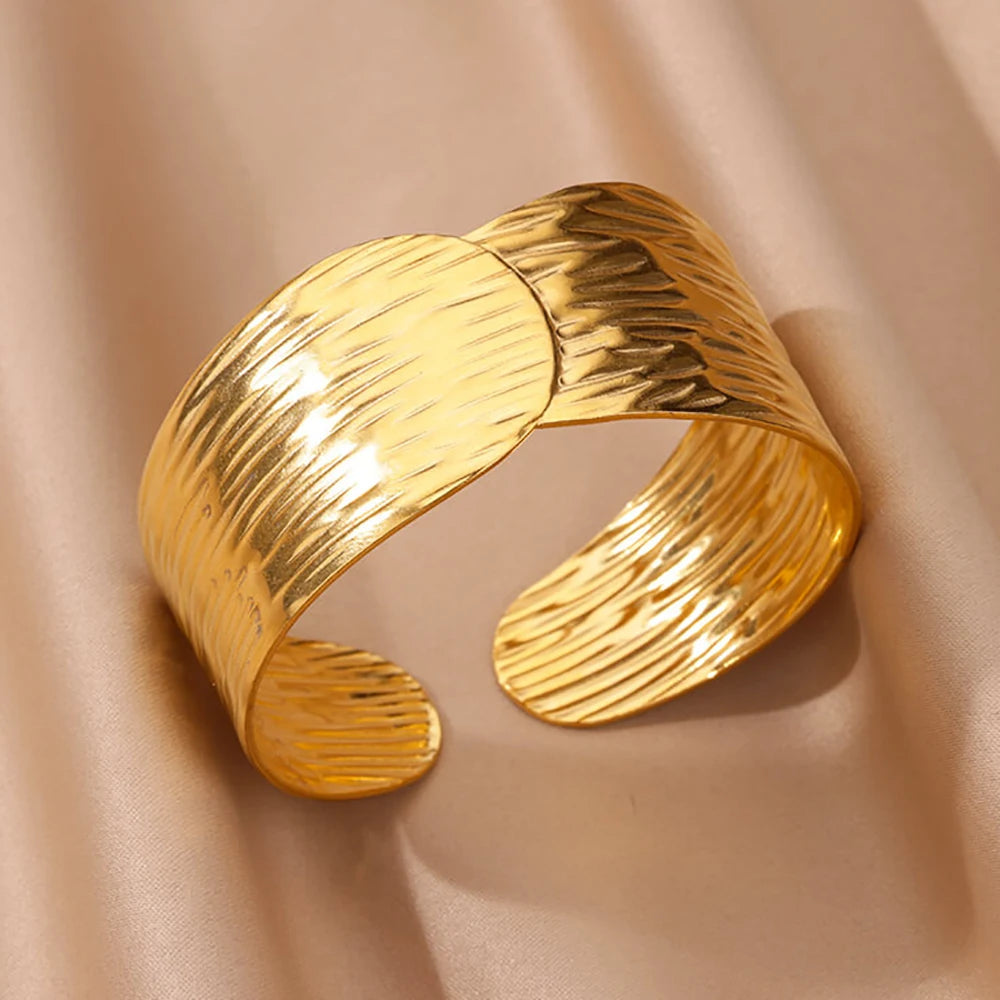 Luxury Gold Stainless Steel Wide Flower Cuff Bangle Bracelet