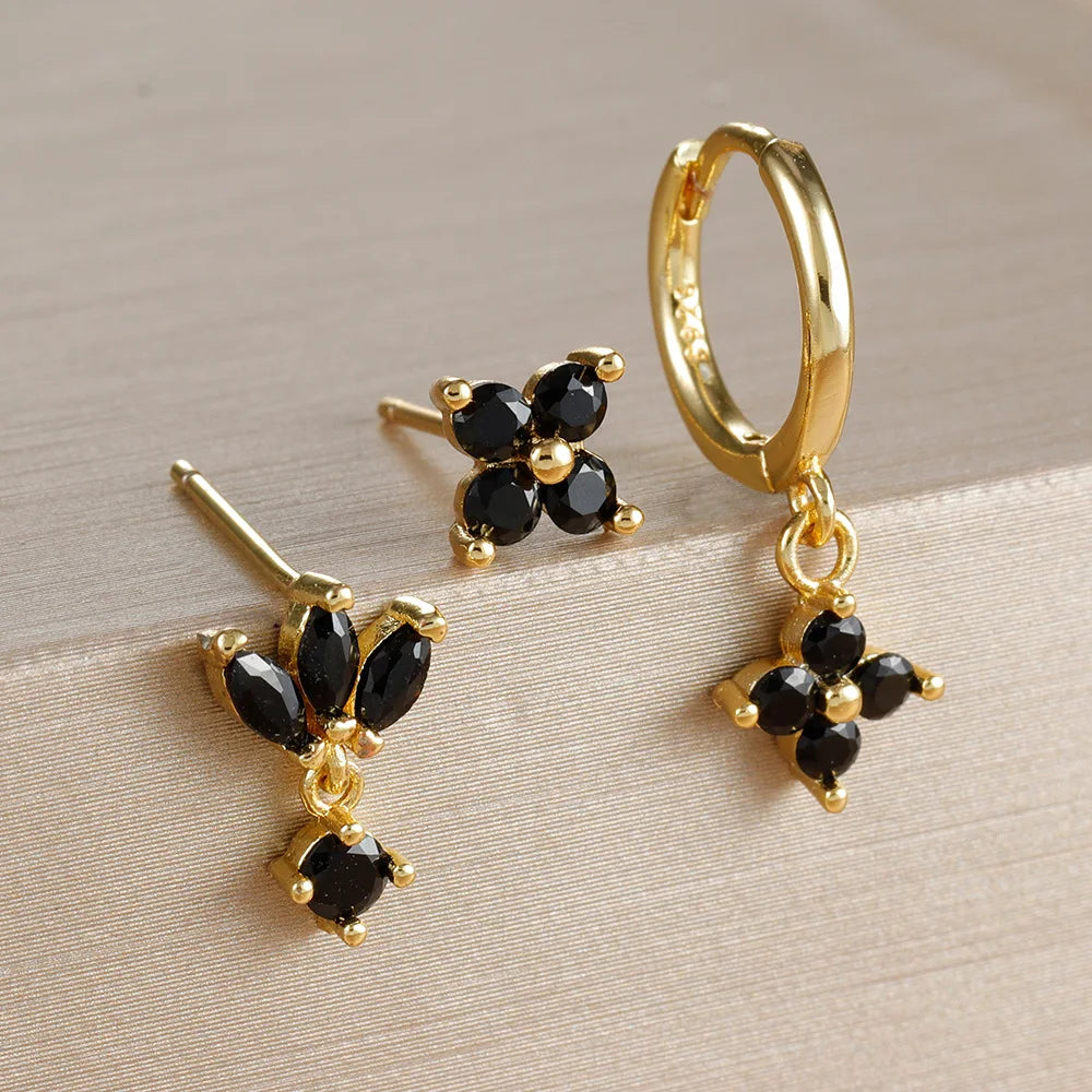 3PCS Zircon Flower Dangle Earrings Set – Stainless Steel