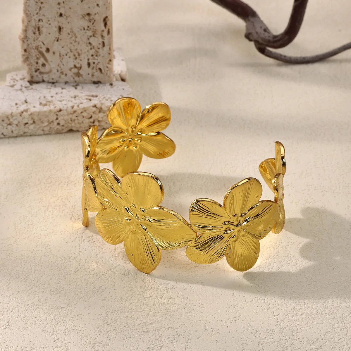 Luxury Gold Stainless Steel Wide Flower Cuff Bangle Bracelet