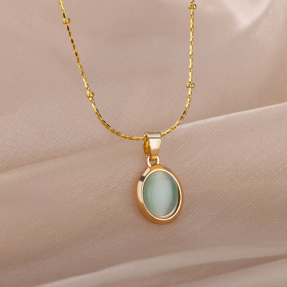 Fashion Opal Oval Pendant Necklace – Stainless Steel