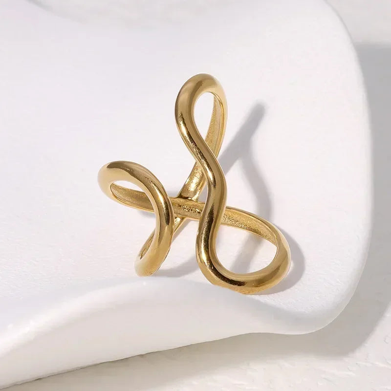 Stainless Steel Wave Open Ring – Gold