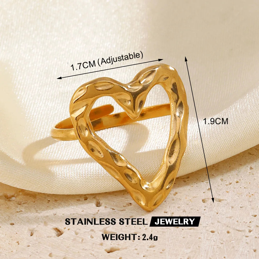 Gold Stainless Steel Heart Ring – Hollow Waterproof