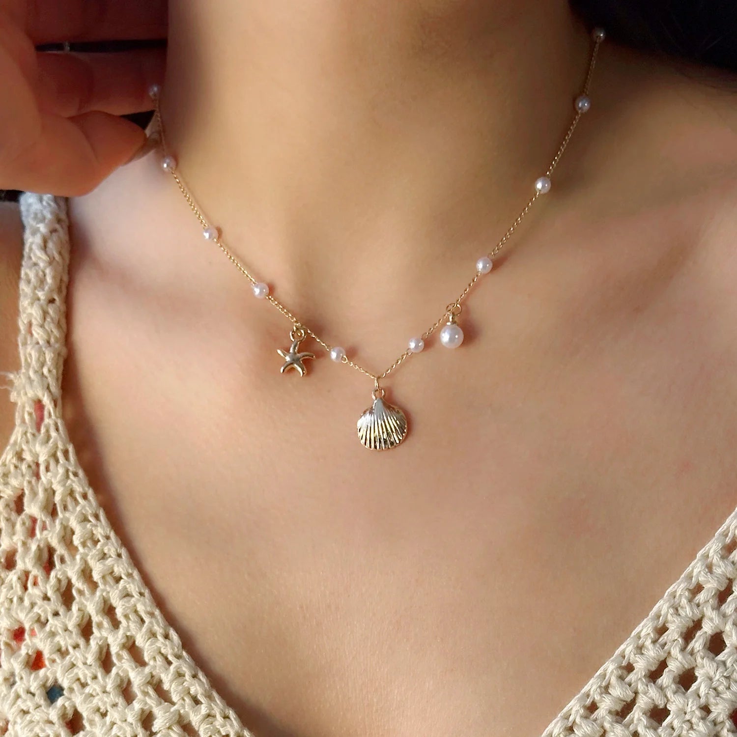 Bohemian Starfish Shell Pearl Choker Necklace