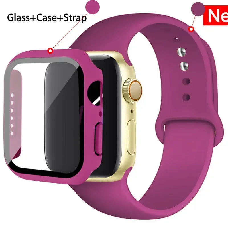 Glass + Case + Silicone Strap Set for Apple Watch 38mm–45mm
