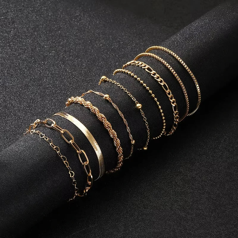 10PCS Vintage Gold Snake Chain Bracelet Set
