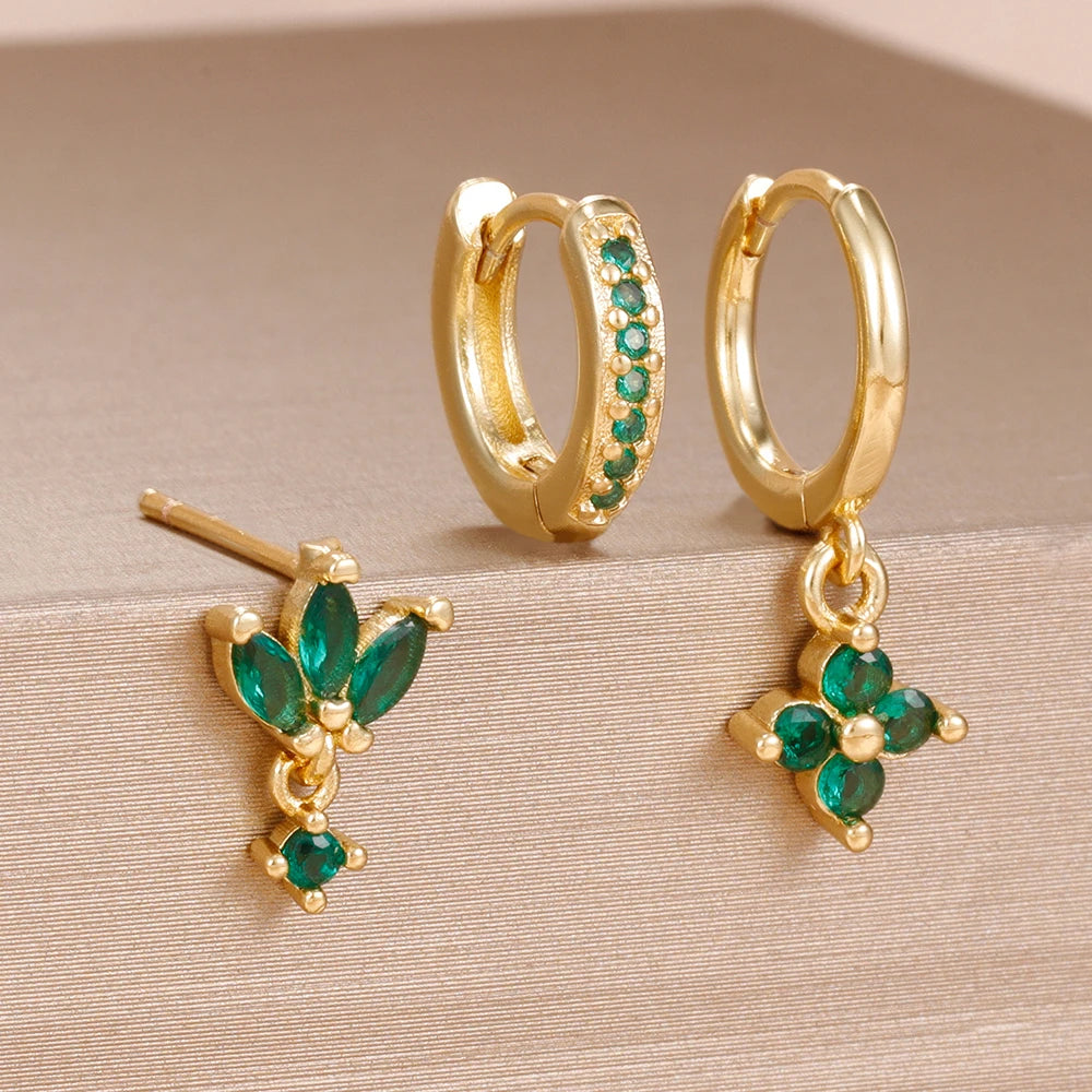 3PCS Zircon Flower Dangle Earrings Set – Stainless Steel