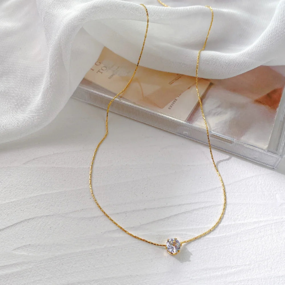 Stainless Steel Gold Plated Minimalist Zircon Charm Necklace