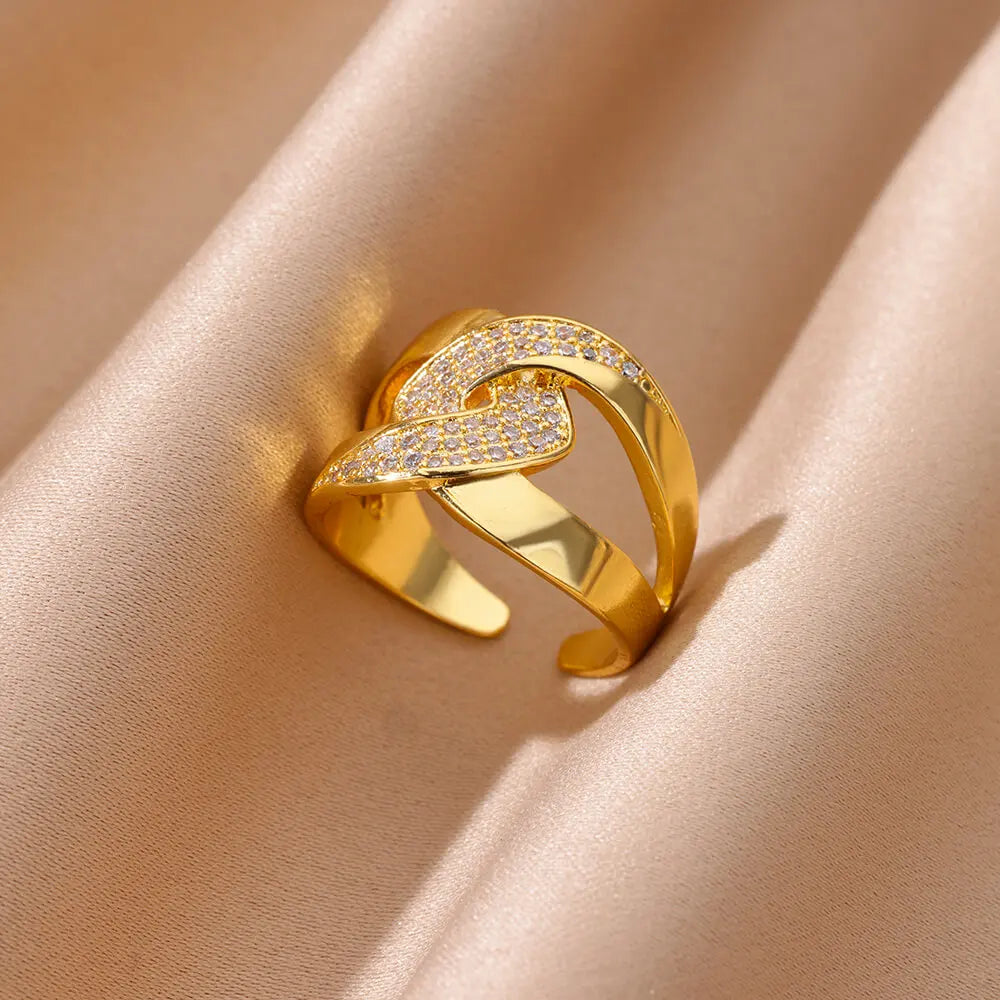 Zircon Crystal Geometric Adjustable Ring – Stainless Steel Gold