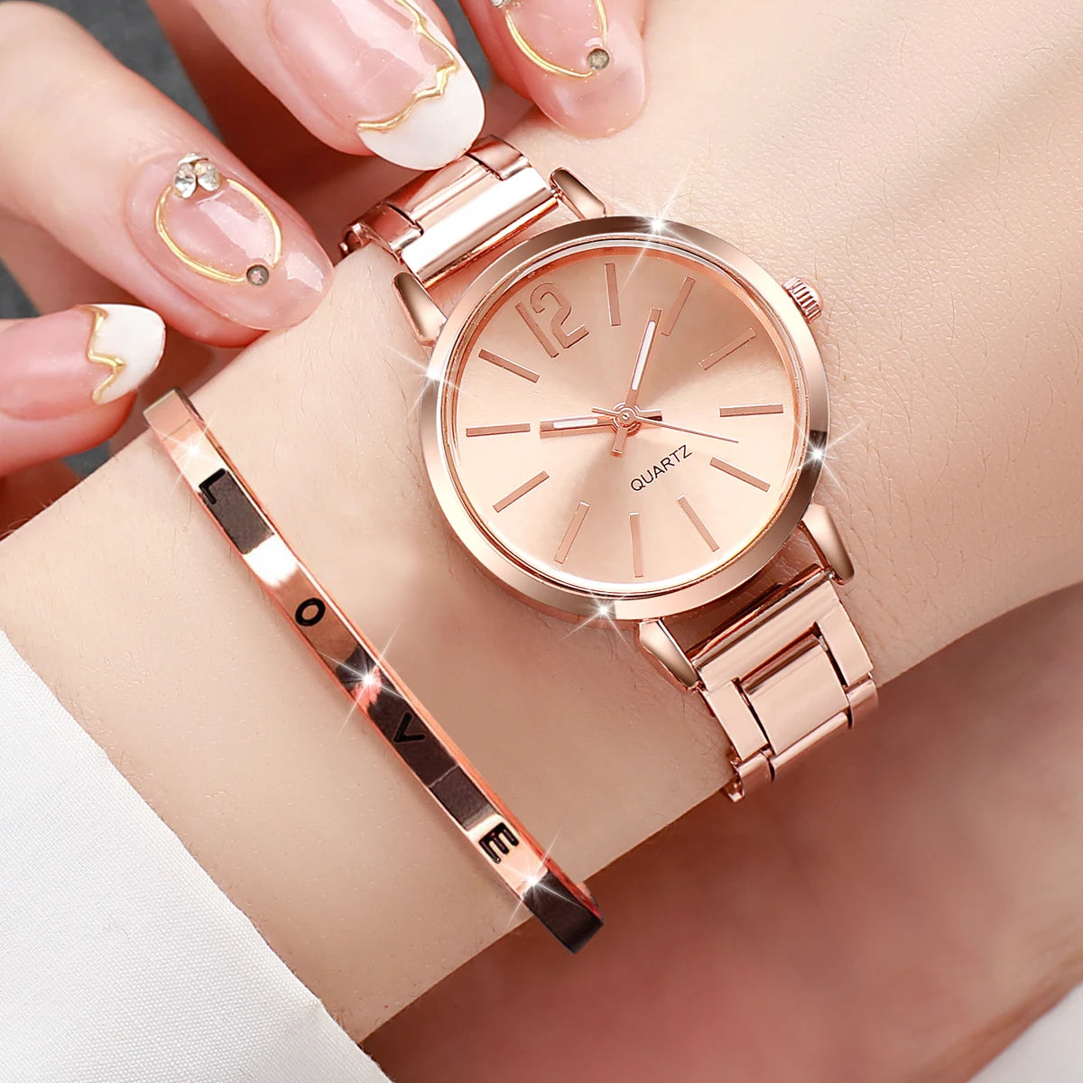 2PCS Women’s Fashion Quartz Watch Set – Gold Steel Band Cuff Bracelet Wristwatch