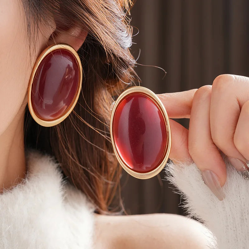 Vintage Red Resin Oval Stud Earrings