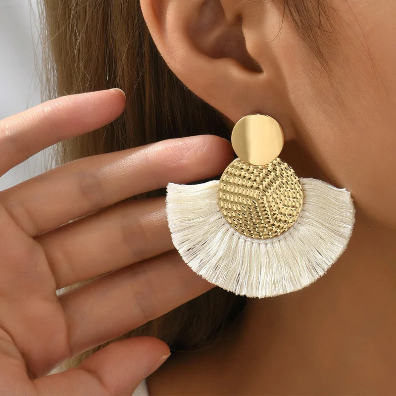 Bohemian White Tassel Fringe Dangle Earrings