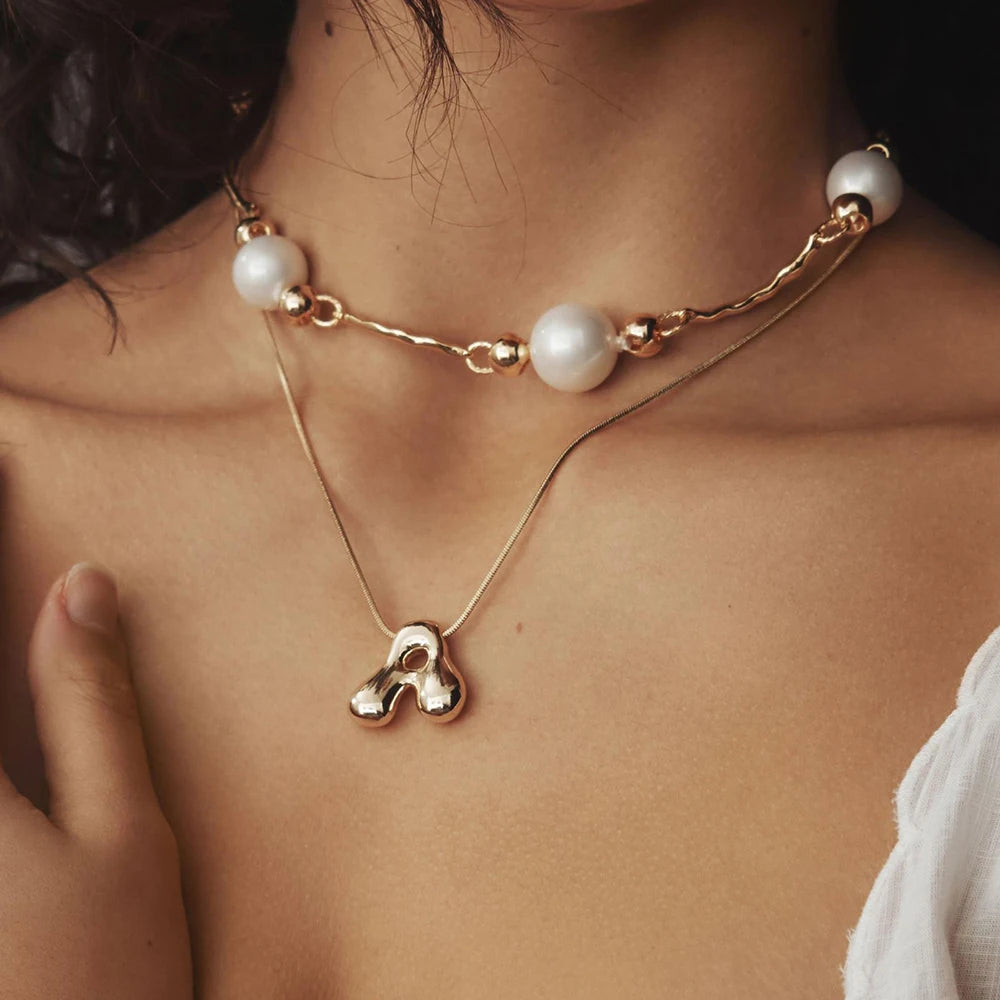 Golden Stainless Steel Initial Bubble Letter Necklace