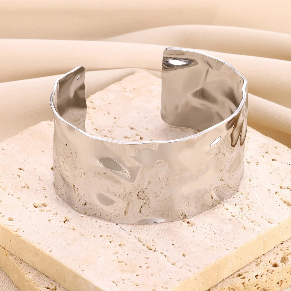 Luxury Gold Stainless Steel Wide Flower Cuff Bangle Bracelet