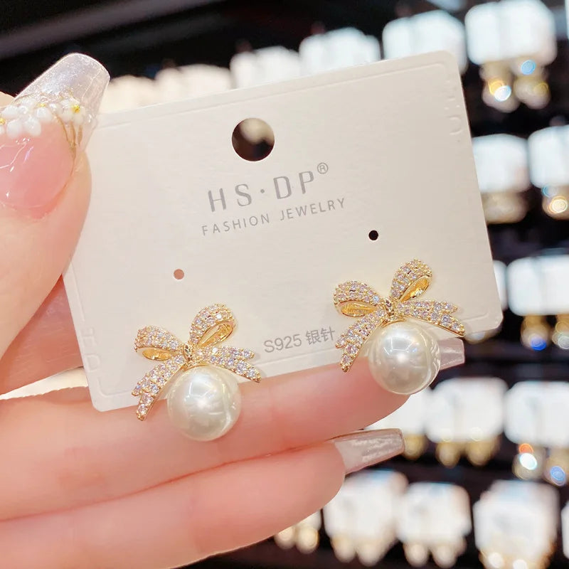 Sparkling Rhinestone Bow Pearl Stud Earrings